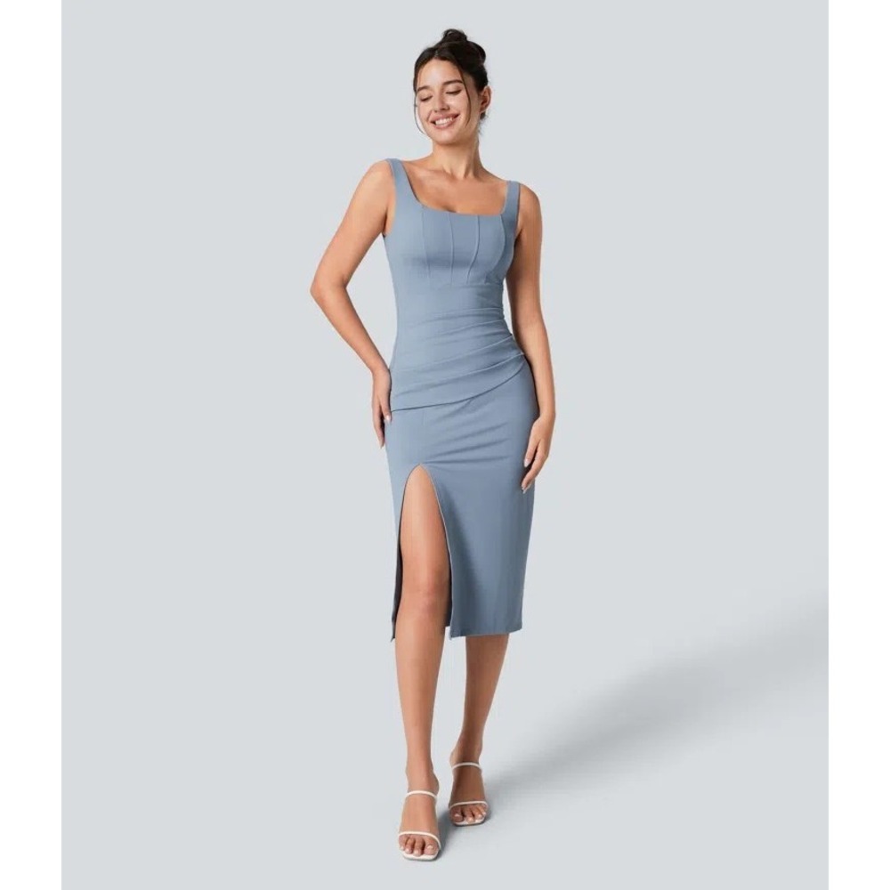 Halara Blue SoftlyZero Airy Square Neck Backless Corset Ruched Split Dress XS